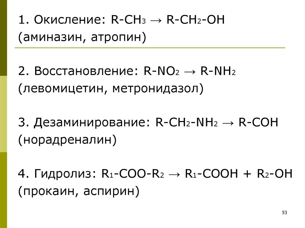 Окисление ch4. Гидролиз прокаина. Аминазин окисление. Окисление норадреналина. Гидролиз, дезаминирование);.