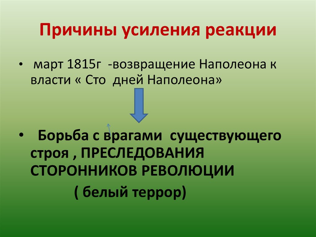 Причина усиления. Март 1815 СТО дней Наполеона. Усиление реакции. Причины возвращения Наполеона. Причины усиления власть.