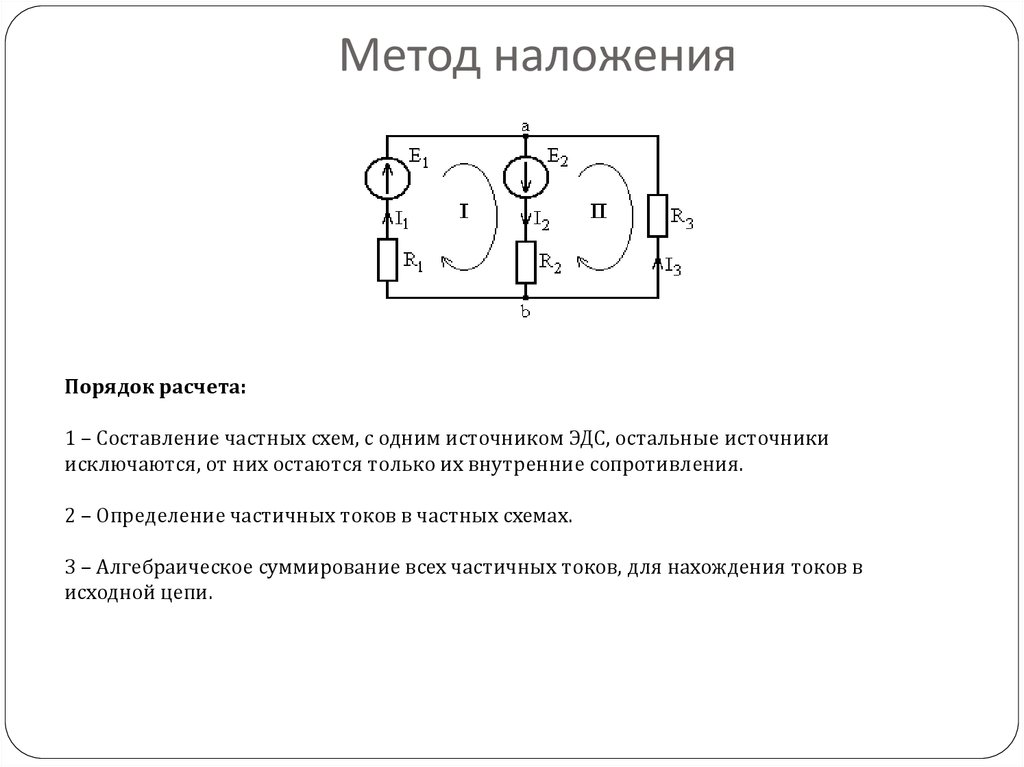 Способ наложения. Расчет токов методом наложения. Расчет цепей постоянного тока методом наложения. Метод наложения для расчета электрических цепей. Действительные токи при расчете цепей методом наложения определяют.