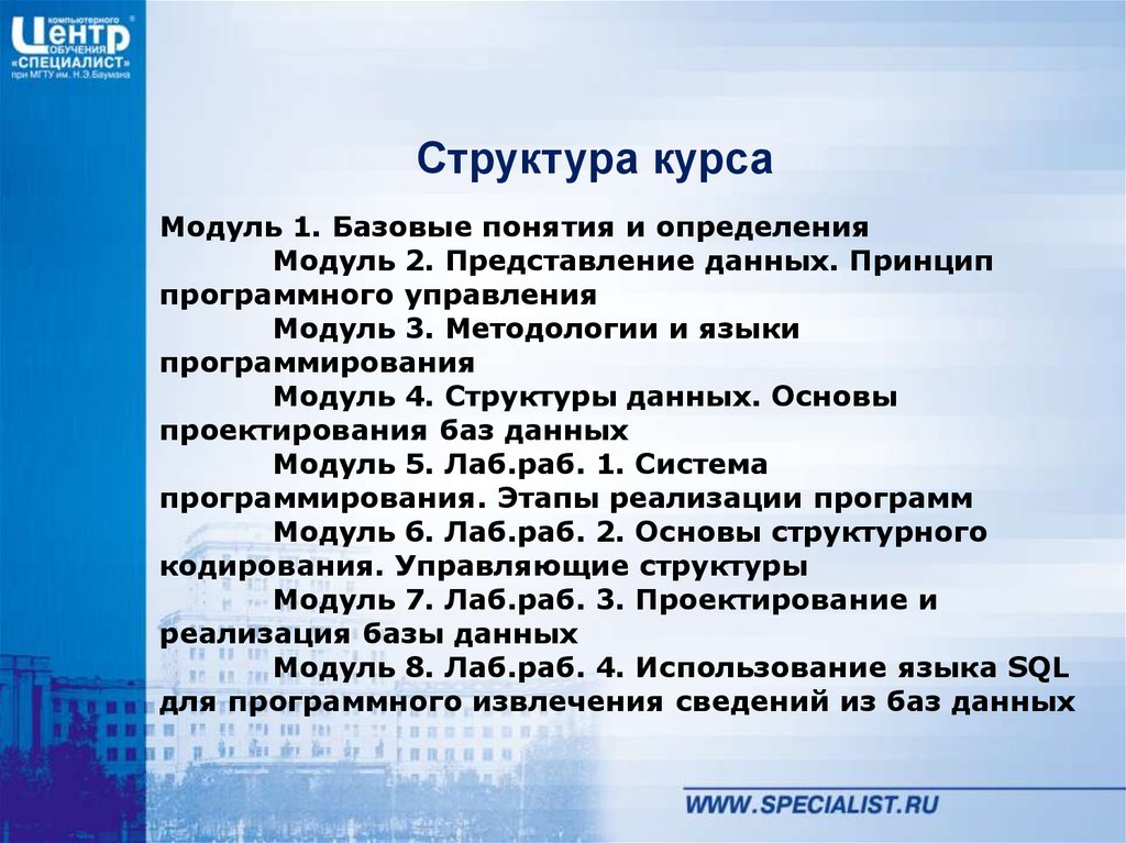 Структура специалисты. Основы программирования и баз данных. Основы программирования и базы данных. Представление модулей. Структурный специалист.