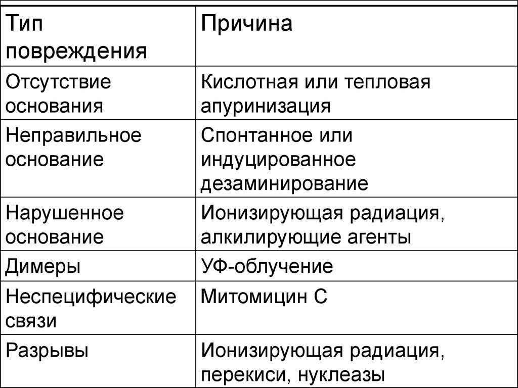 Отсутствие основания. Повреждения ДНК спонтанные и индуцированные. Апуринизация. Замены оснований спонтанный.