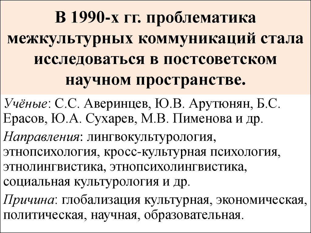 В 1990-х гг. проблематика межкультурных коммуникаций стала исследоваться в постсоветском научном пространстве.