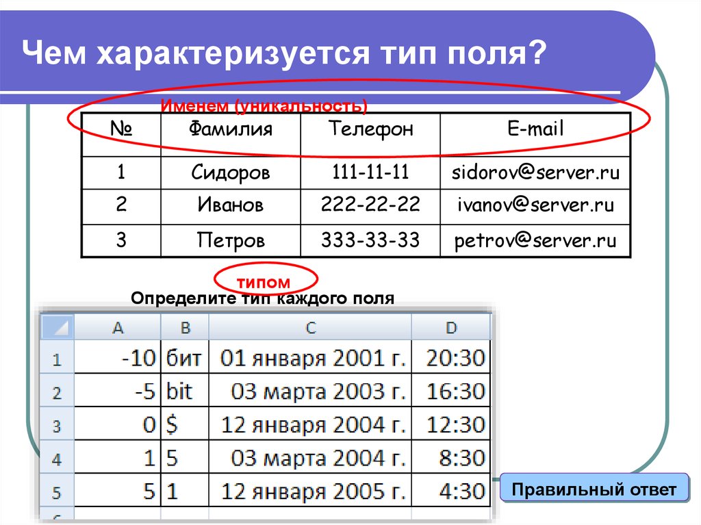 Типы полей таблицы базы данных