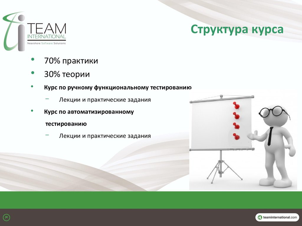 Курс теории. Практическая работа тестирование программных продуктов. Структура курса это где практика и теория. 30% Практики.