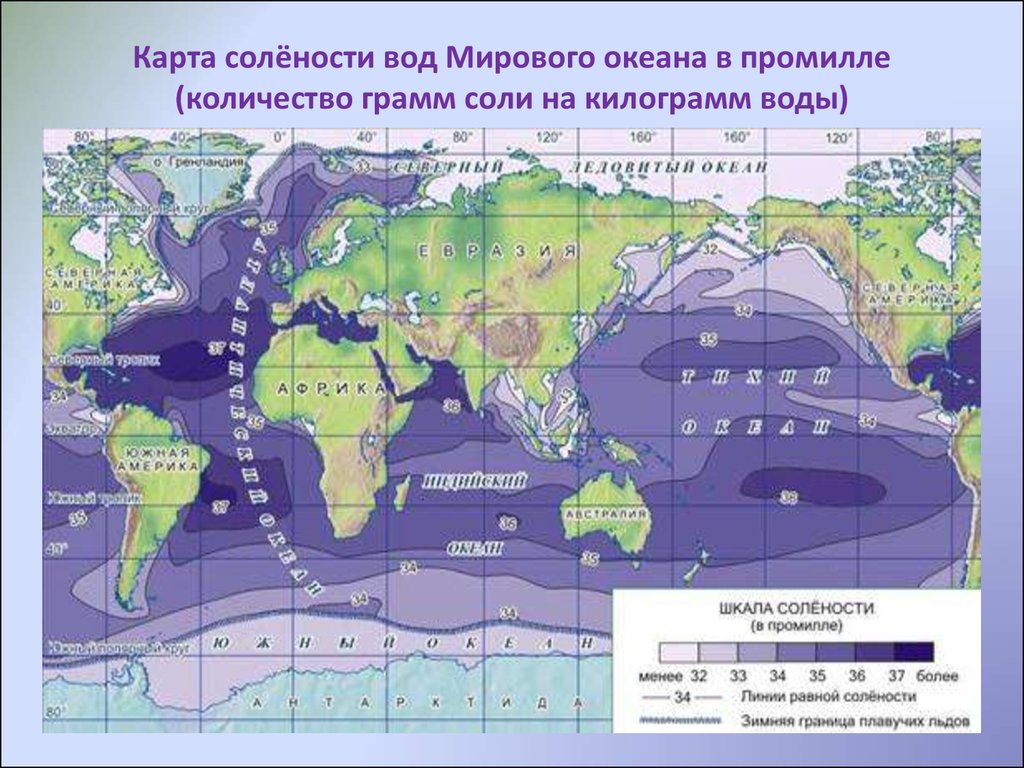 Карта солёности вод Мирового океана в промилле (количество грамм соли на килограмм воды)