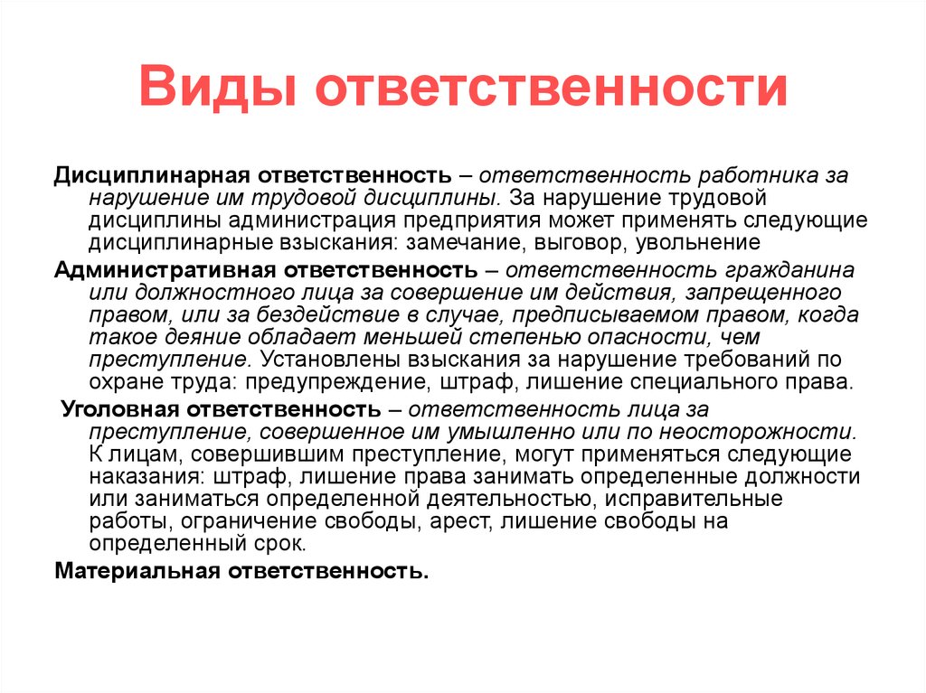 Виды ответственности работника. Виды ответственности. Виды дисциплинарной ответственности. Виды ответственности за нарушение трудовой дисциплины.