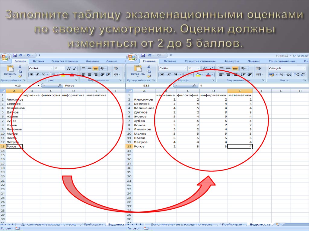 Заполните таблицу экзаменационными оценками по своему усмотрению. Оценки должны изменяться от 2 до 5 баллов.