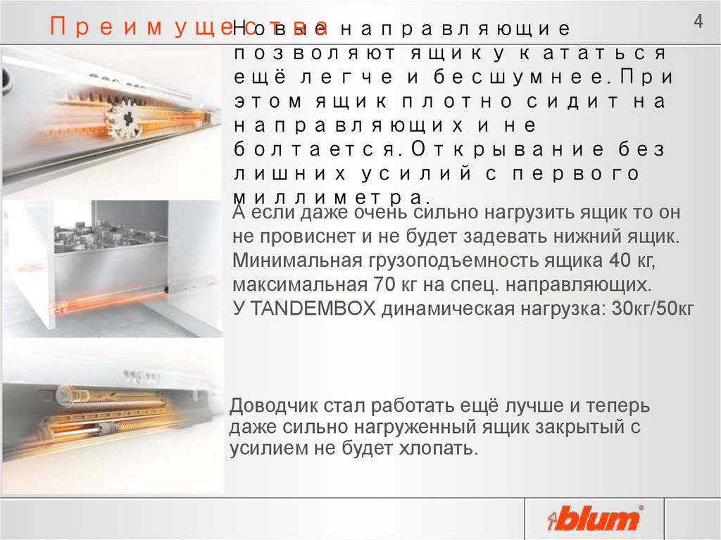 Новые направляющие позволяют ящику кататься ещё легче и бесшумнее. При этом ящик плотно сидит на направляющих и не болтается.