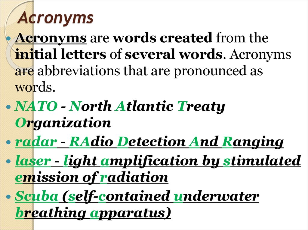 Several words. Аббревиатура Acronym. Acronyms в английском языке. Акронимы примеры на английском. Types of Acronyms.