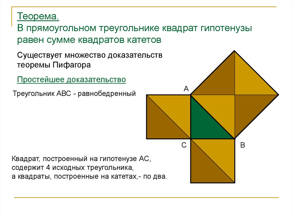 Теорема пифагора доказательство треугольник. Квадраты построенные на катетах треугольника. Равнобедренный прямоугольный треугольник Пифагора. Доказательство теоремы Пифагора 8 класс. Треугольный прямоугольный квадрат.