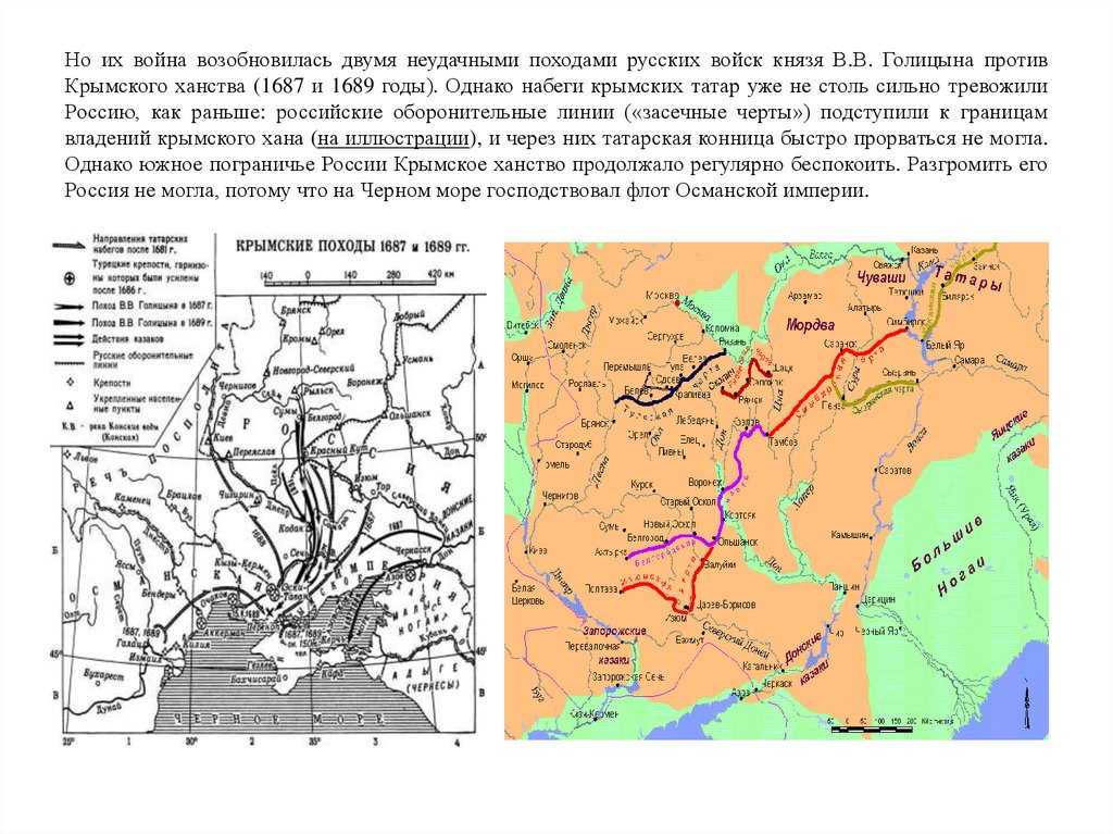 Но их война возобновилась двумя неудачными походами русских войск князя В.В. Голицына против Крымского ханства (1687 и 1689