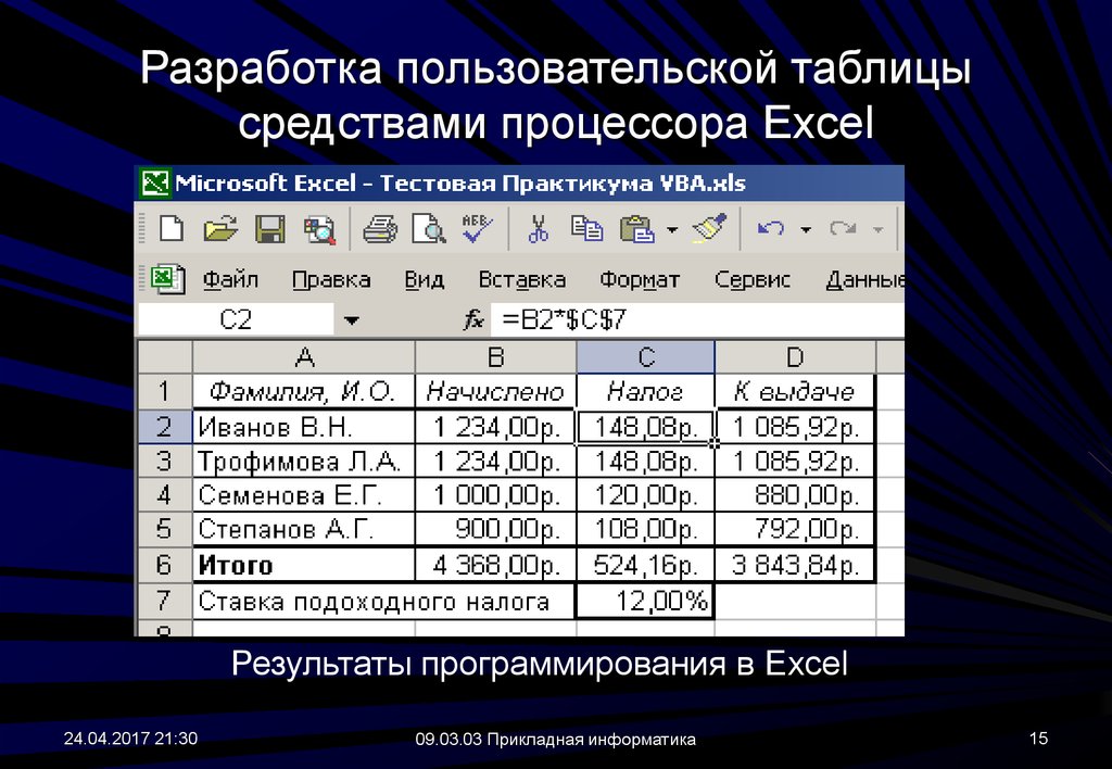 Разработка пользовательской таблицы средствами процессора Excel