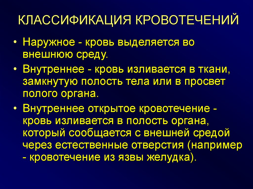 Какие признаки классификации кровотечений существуют закончите схему