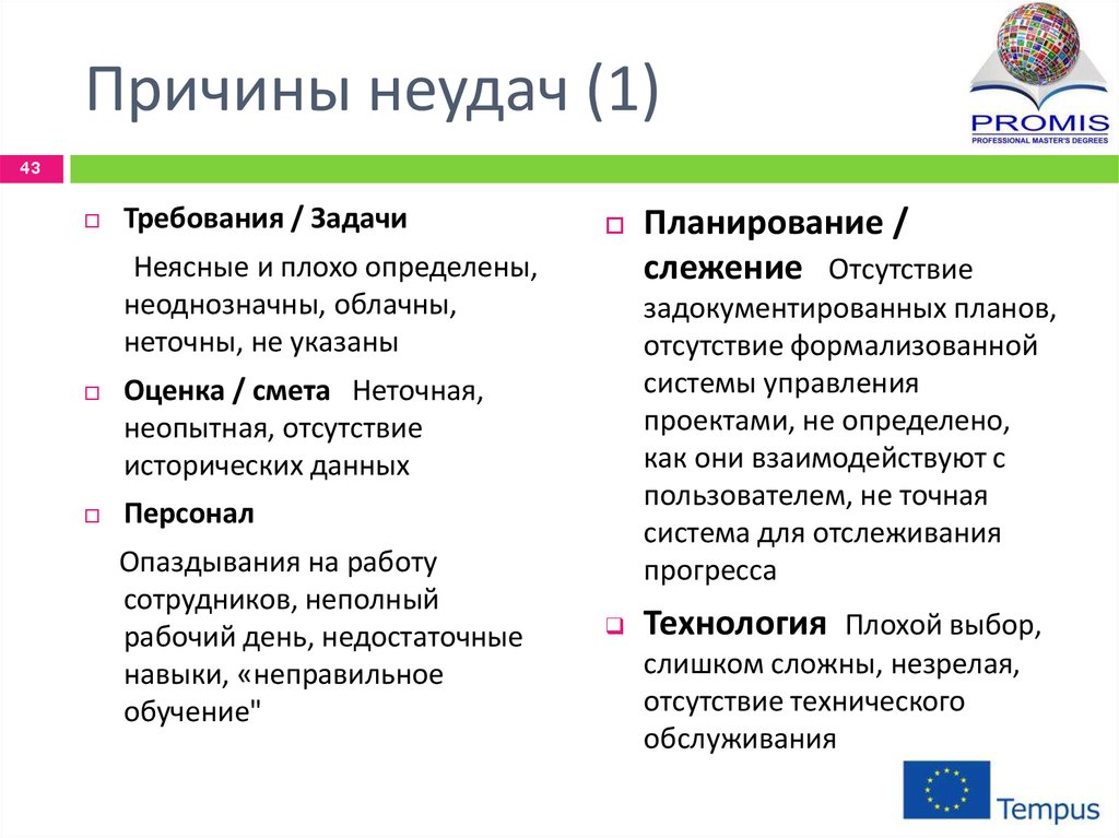 Какой из приведенных факторов в большинстве случаев вызывает неудачи в реализации проектов