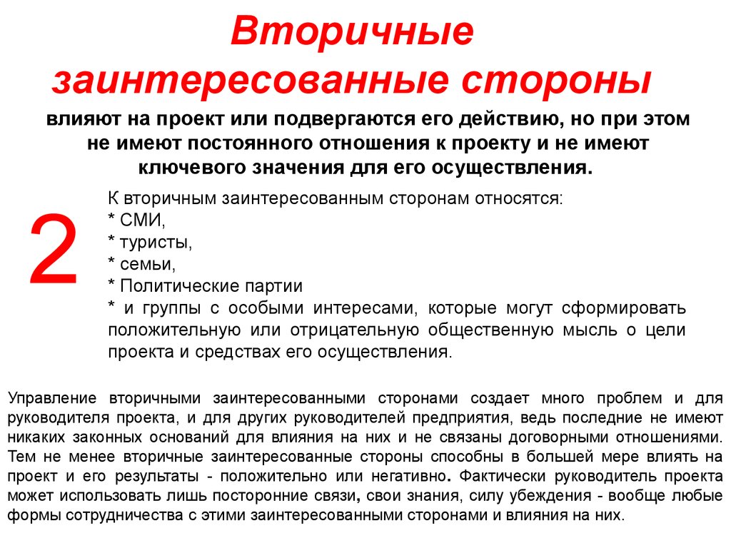 Любое лицо которое само оказывает влияние на проект или подвергается влиянию проекта и результатов