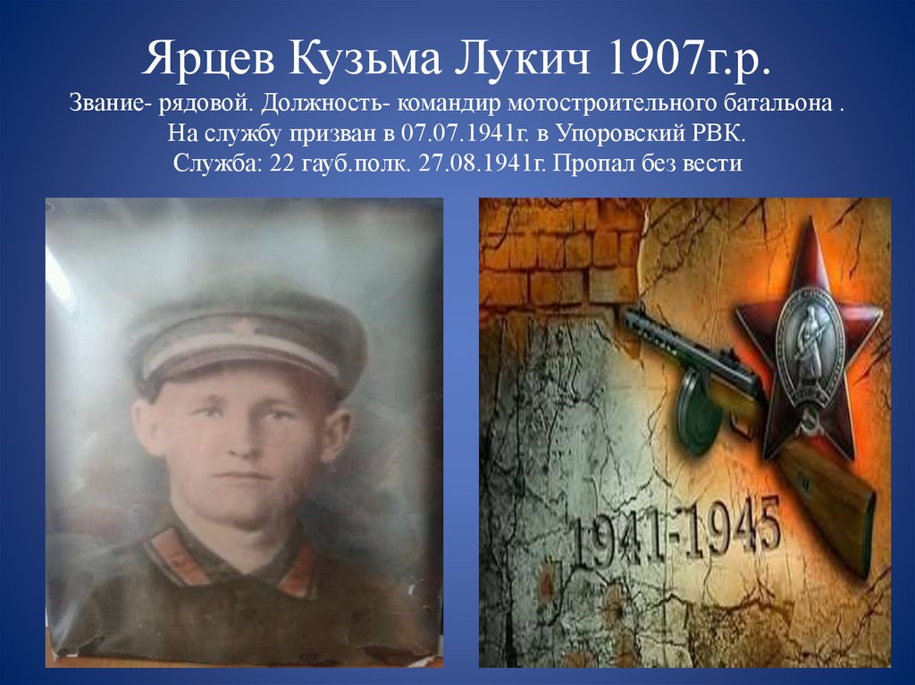 Ярцев Кузьма Лукич 1907г.р. Звание- рядовой. Должность- командир мотостроительного батальона . На службу призван в 07.07.1941г. в Упоровский РВК. Сл
