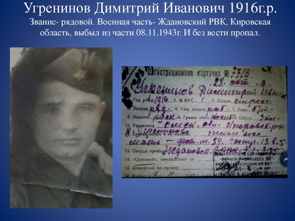 Угренинов Димитрий Иванович 1916г.р. Звание- рядовой. Военная часть- Ждановский РВК, Кировская область, выбыл из части 08.11.1943г. И без вести проп