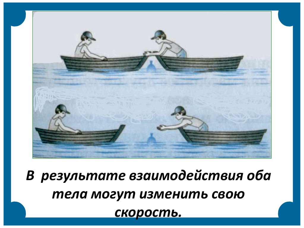 Мальчик находясь в неподвижной лодке. Взаимодействие тел физика 7 класс. Взаимодействие тел рисунок. Взаимодействие тел физика 7 класс конспект. В результате взаимодействия оба тела могут изменить свою скорость.