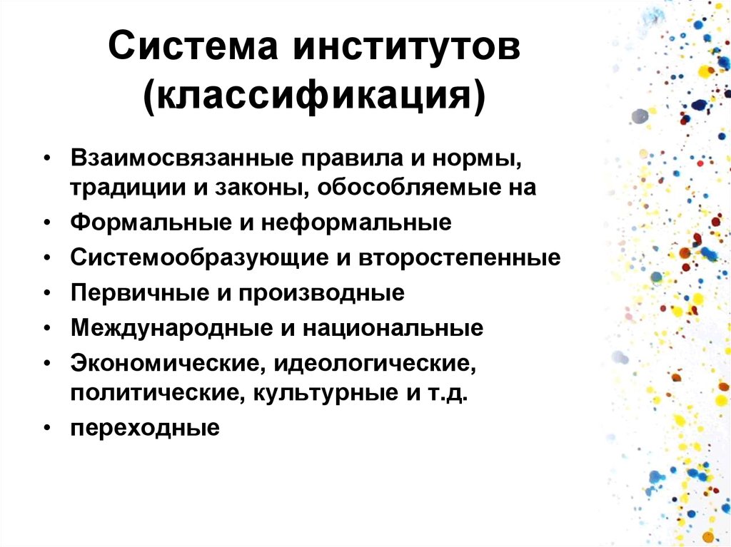 Элементы института. Система институтов. Подсистемы вуза. Подсистемы системы вуз. Классификация институтов.