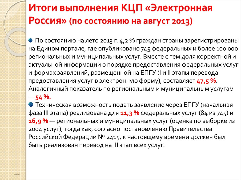 Итоги выполнения КЦП «Электронная Россия» (по состоянию на август 2013)