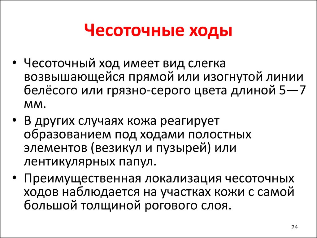 Иметь ход. Преимущественная локализация чесотки. При чесотке у взрослых кожный процесс преимущественно локализуется.