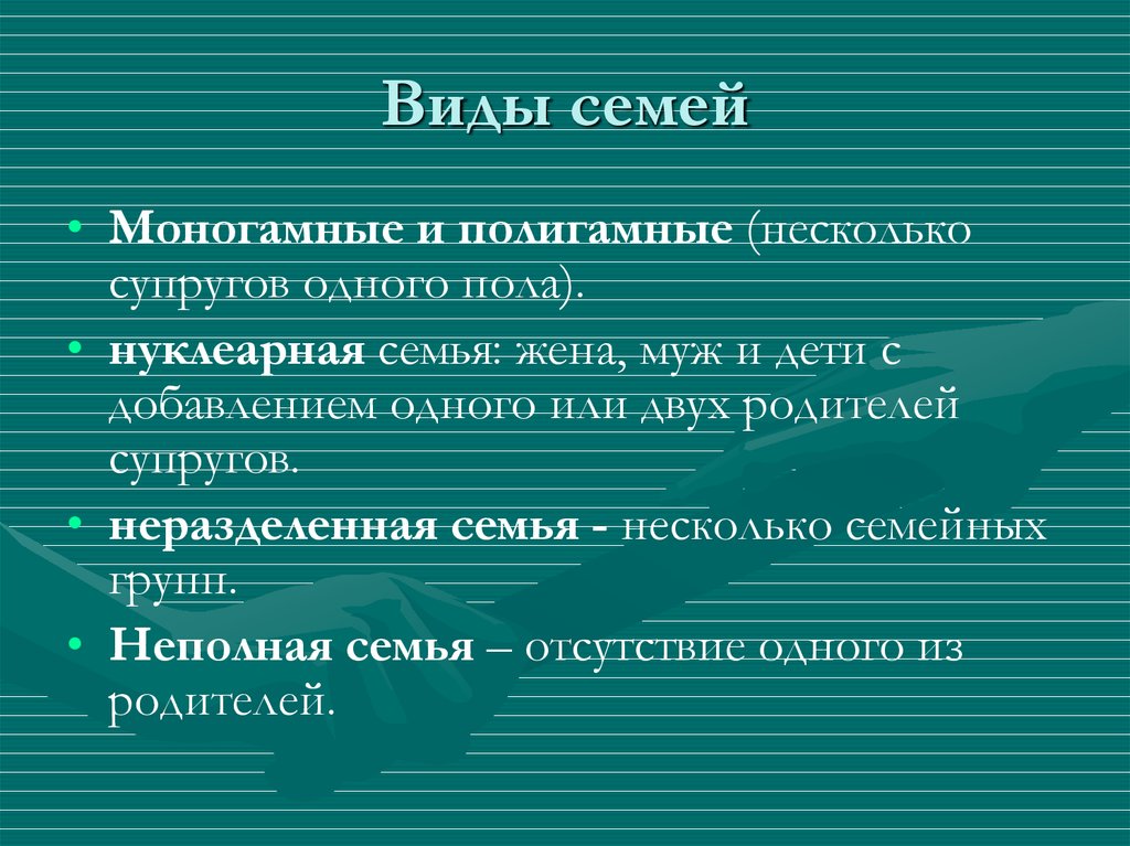 Статус семьи определение. Определение и виды семей. Типы семей моногамная полигамная. Виды семьи Обществознание моногамная.