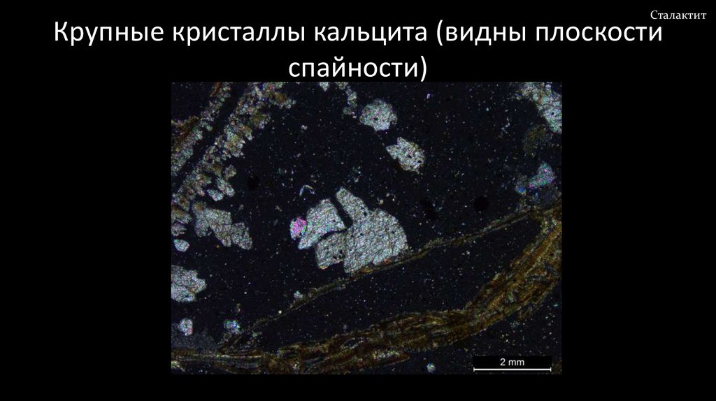 Крупные кристаллы кальцита (видны плоскости спайности)