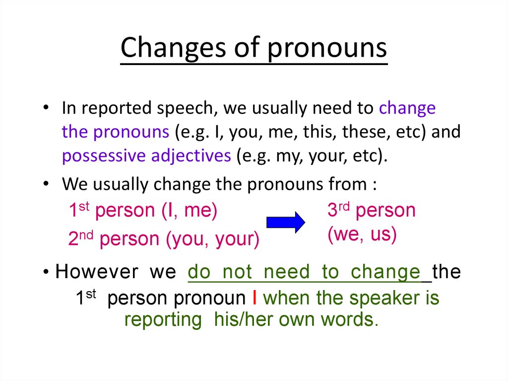 Reported speech changes. Reported Speech местоимения. Reported Speech pronouns changes. Pronouns in reported Speech. Местоимения в репортед спич.