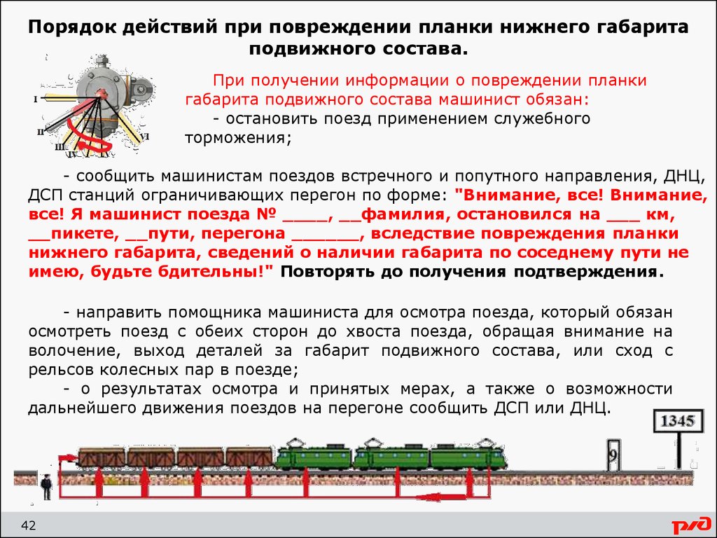 В течение осмотра. Планки Нижнего габарита подвижного состава. Планка Нижнего габарита на ж/д действия машиниста. Порядок действий при повреждении планки габарита подвижного состава. Порядок действий при повреждении планки Нижнего габарита.