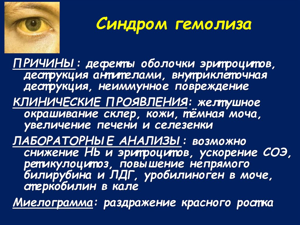 Синдром жизни. Синдром гемолиза. Клинические проявления гемолиза эритроцитов. Критерии синдрома гемолиза. Синдром усиленного гемолиза.