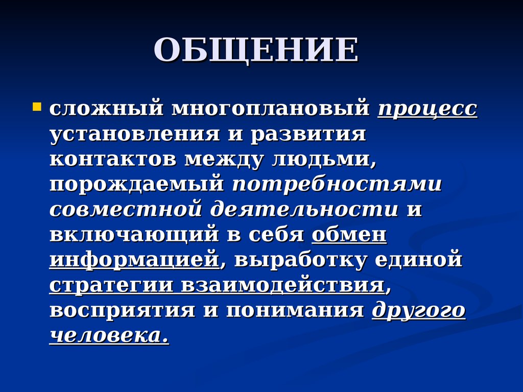 Общение это порождаемый в процессе. …... – Многоплановый процесс развития контактов между людьми. Общение это процесс установления. Процесс установления контактов.