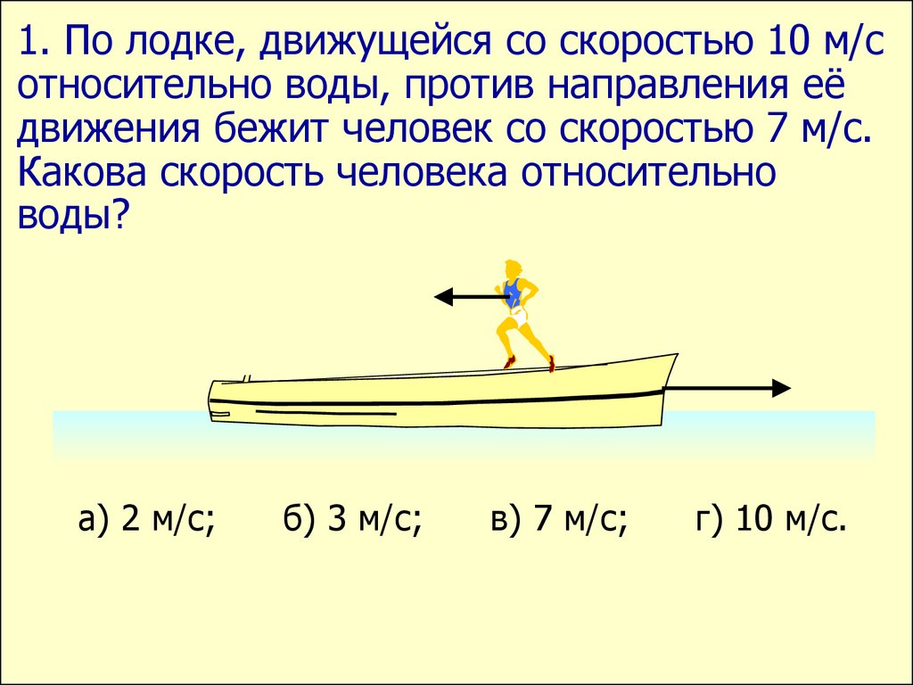 Катер двигался 3 2 по течению. Скорость лодки относительно воды. Скорость человека относительно воды. Скорость катера относительно воды. Скорость человека в м/с.