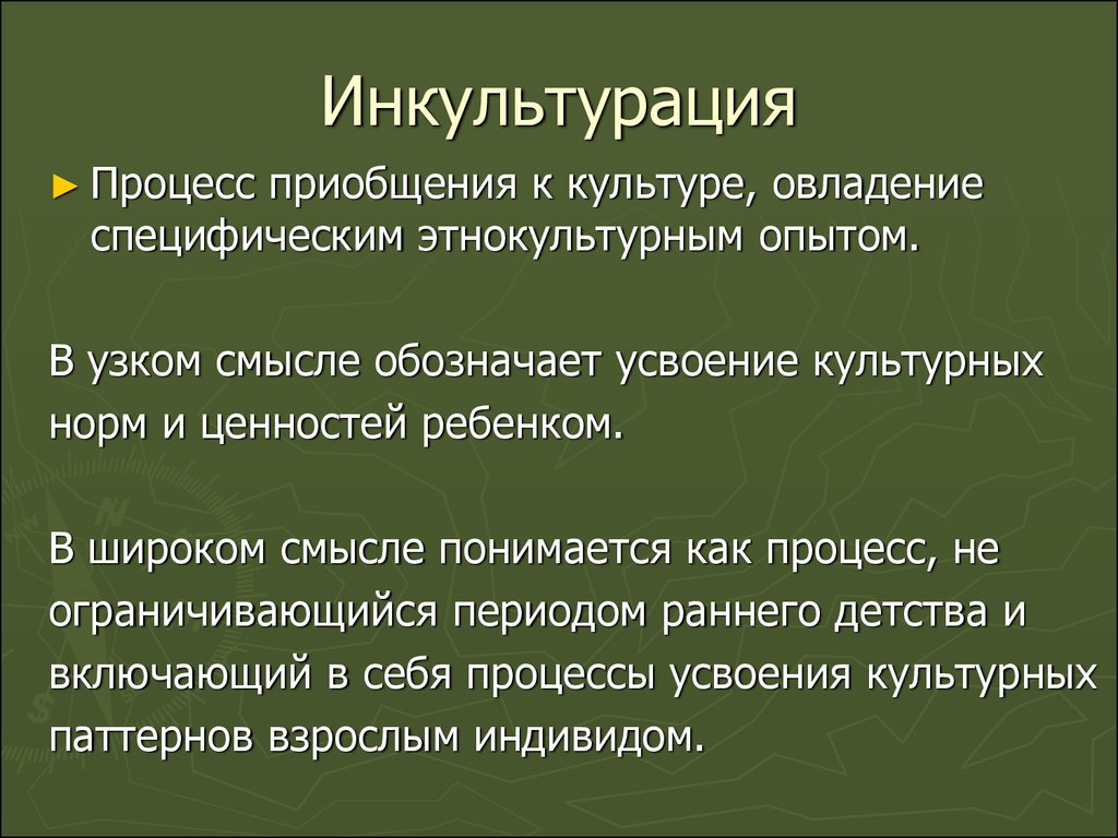 Культурные процессы. Инкультурация. Процесс инкультурации. Понятие инкультурация. Инкультурация в межкультурной коммуникации.