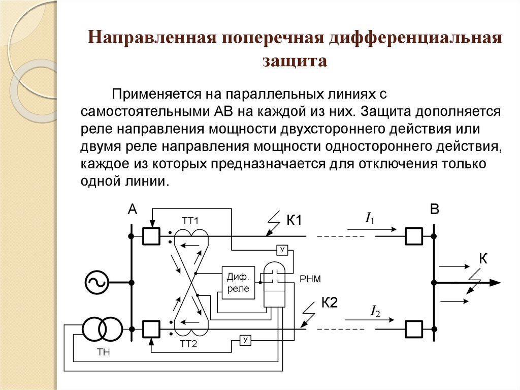 Дифференциальная защита. Поперечная дифференциальная токовая защита. Направленная поперечная дифференциальная защита. Схема поперечной дифференциальной защиты линий. Схема поперечной дифференциальной токовой направленной защиты..