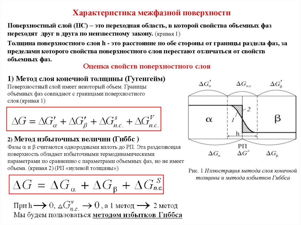 Разделяющая поверхность. Метод избыточных величин Гиббса и метод слоя конечной толщины. Метод поверхностного слоя конечной толщины. Поверхность раздела фаз. Межфазная поверхность.