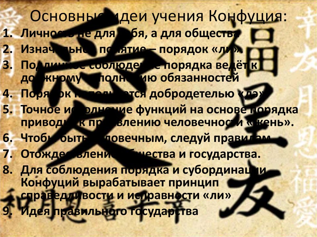 Основные идеи учения Конфуция: