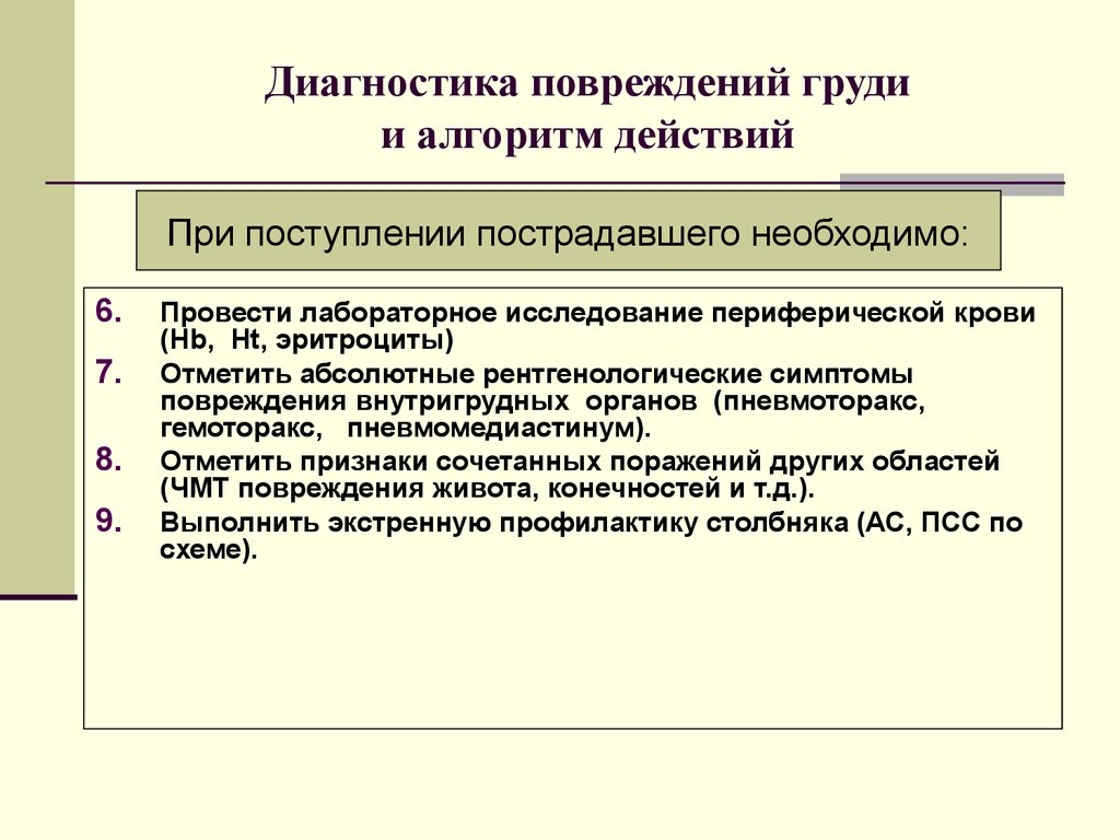 Диагностика повреждений. Травма груди диагностика. Алгоритм диагностики при травме груди. Диагностика закрытых повреждений груди. Инструментальные методы диагностики при травме груди.