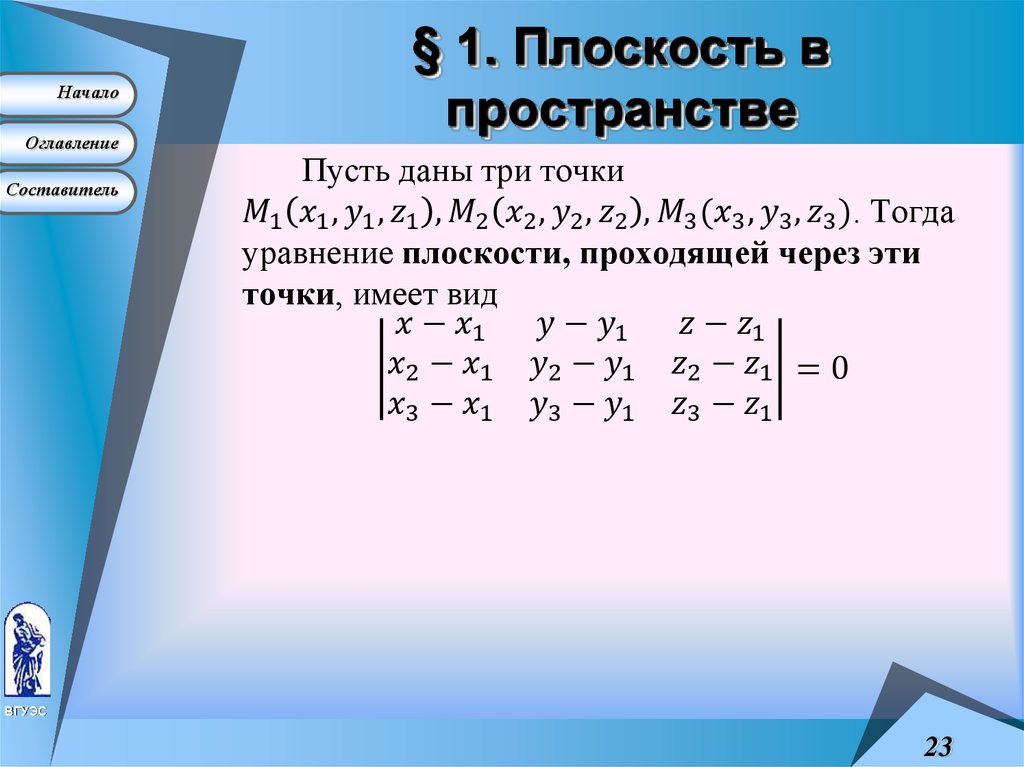 Уравнение плоскости проходящей параллельно плоскости. Уравнение плоскости в пространстве. Виды уравнений плоскости в пространстве. Способы задания уравнения плоскости. Уравнение плоскости в пространстве по трем точкам.