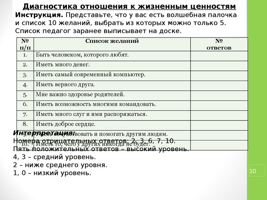 Диагностика отношения к жизненным ценностям