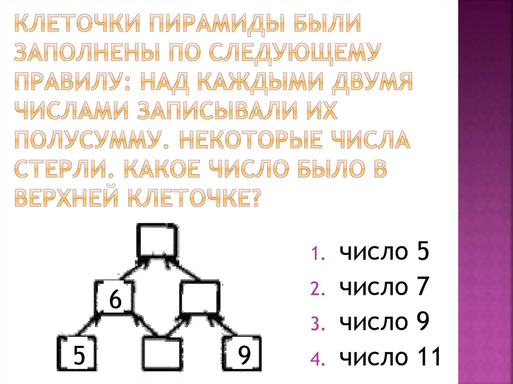 Заполнены следующий. Клеточки пирамиды были заполнены по следующему правилу над каждыми. Клеточки пирамиды заполнили по следующему правилу. Клетки пирамиды заполни по следующему правилу. Клеточки пирамиды заполнили по следующему правилу над двумя.