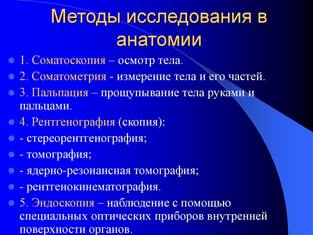 Назовите методы исследования анатомии