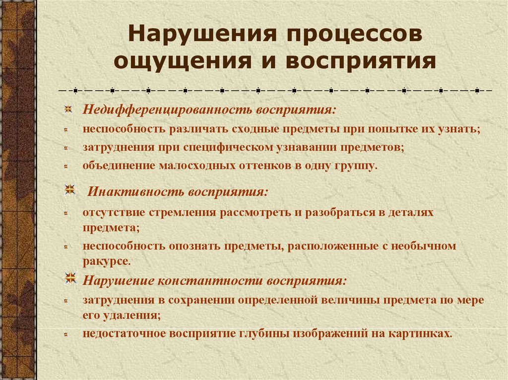 Нарушение процедуры. Инактивность восприятия. Недифференцированность восприятия. Нарушения процессов ощущений. Инактивность восприятия в психологии.