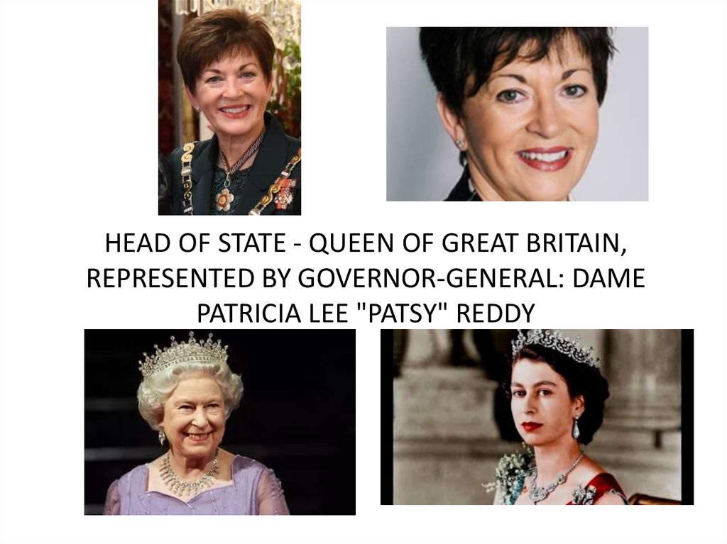 Head of State - Queen of Great Britain, represented by Governor-General: Dame Patricia Lee "Patsy" Reddy