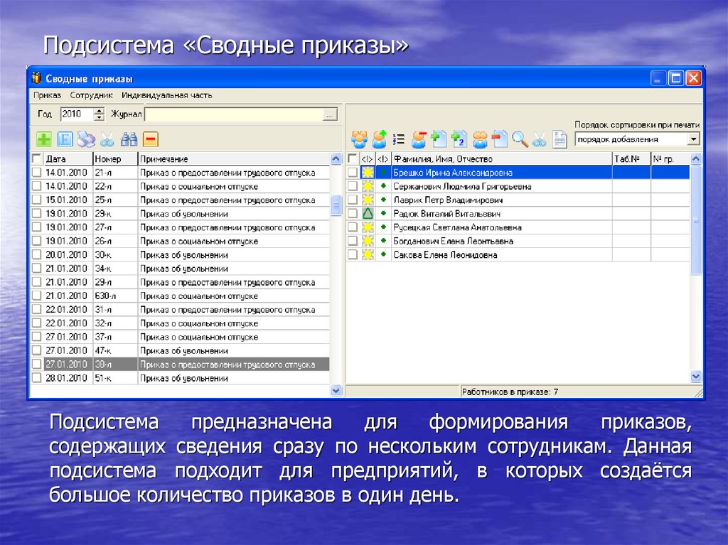 Покажи информацию о программе. Сводные приказы. Информация для сотрудников. Подсистема «приказы»: АИАС. Сведения о системе программа.