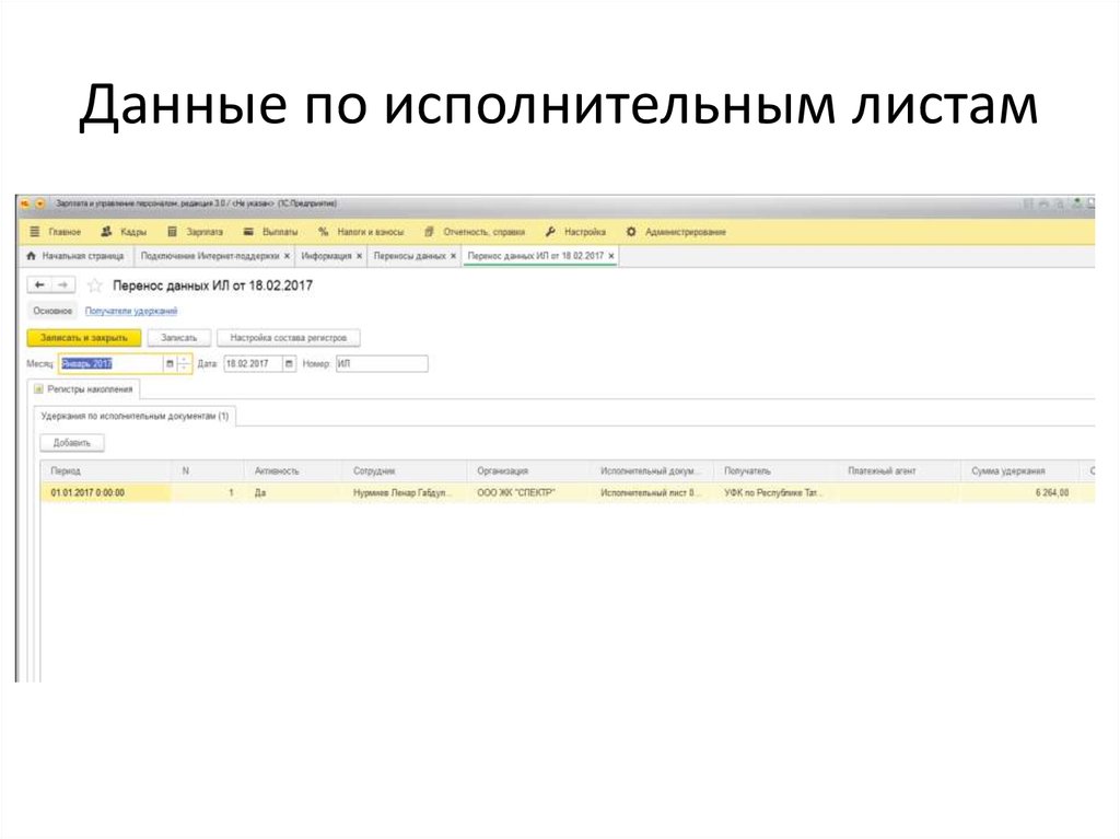 Данные по исполнительным листам