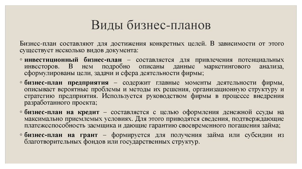 Виды бизнес планов предприятия