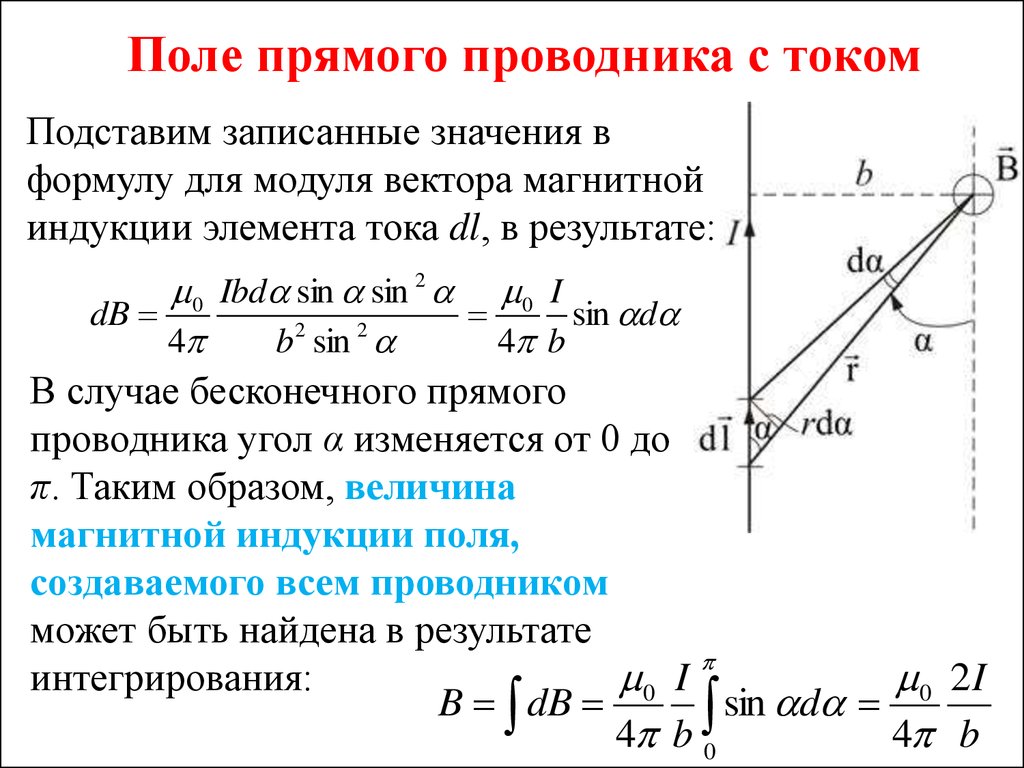 Магнитная индукция постоянного тока. Формула расчета напряженности магнитного поля для проводника с током. Магнитное поле прямого проводника магнитной индукции. Формула магнитного поля прямого бесконечного проводника. Магнитная индукция бесконечного прямого проводника с током.