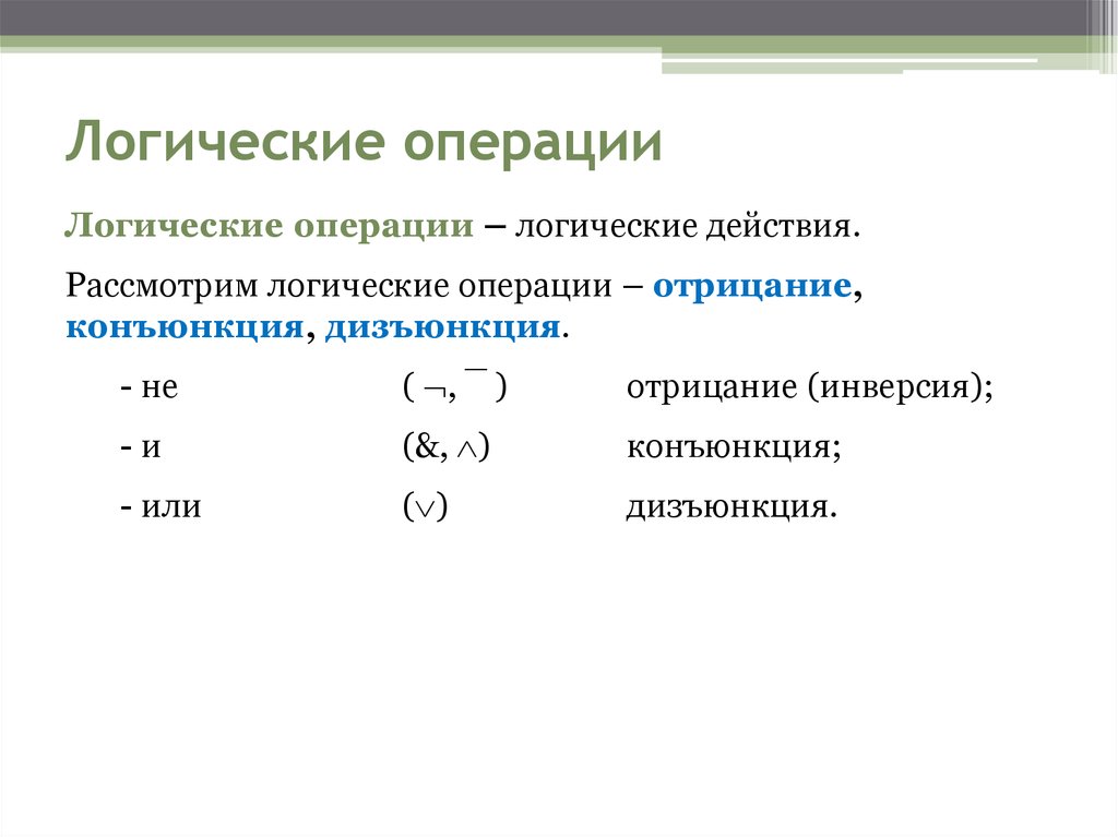 Логические операции. Действия логических операций. Обозначение логических операций. Булевы операции.