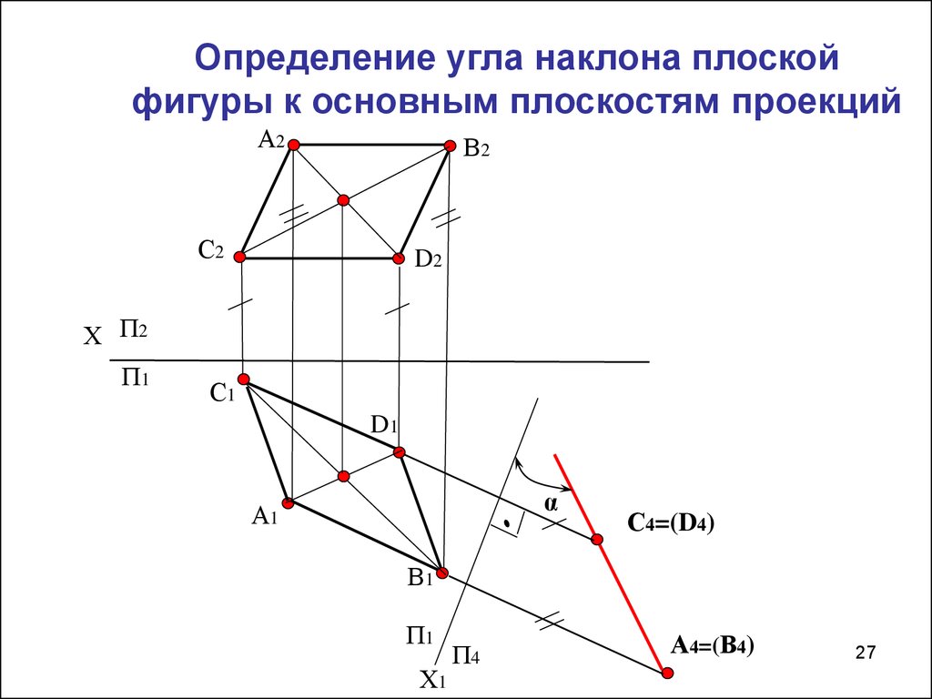 Найти проекцию угла на плоскость. Определить угол наклона прямой к плоскости Начертательная геометрия. Углы наклона к плоскостям проекции. Угол наклона плоскости к плоскостям проекций. Определить углы наклона плоскости к плоскостям проекций.