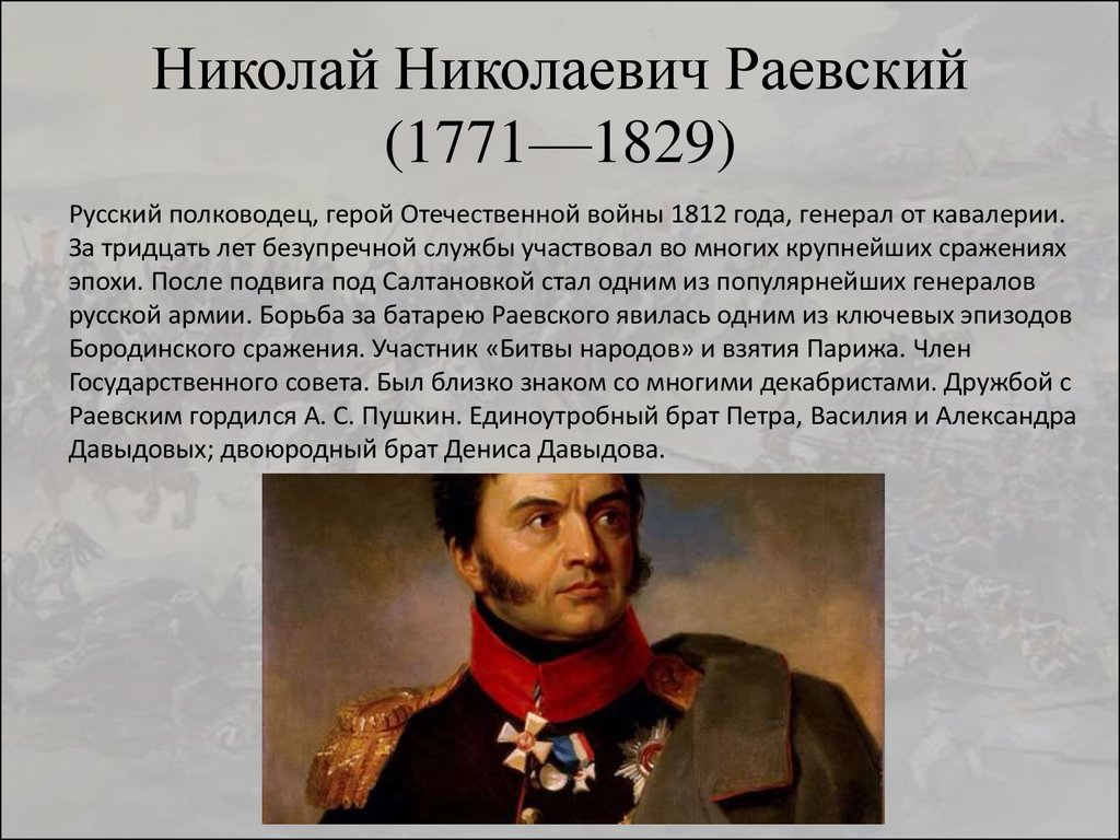 Раевский краткая биография. Герои Отечественной войны 1812 года Раевский. Герои войны 1812 Раевский.